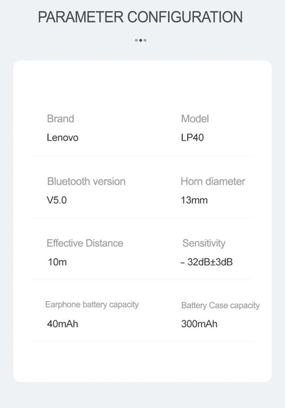 LENOVO-LP40 TWS FONE DE OUVIDO SEM FIO BLUETOOTH 5.0, ESTÉREO DUPLO, REDUÇÃO DE RUÍDO
